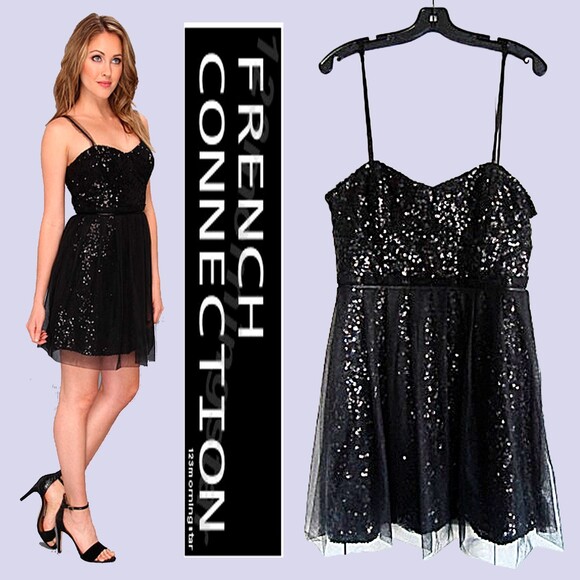 FRENCH CONNECTION NEW Glam Sequin/Tulle Sweetheart Strap Neck Fit & Flare Dress - Picture 1 of 12